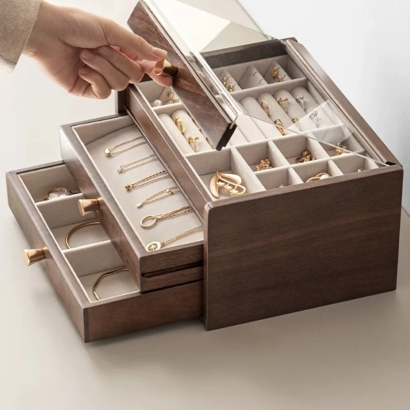 3 Layer Wood Jewelry Box Drawer-style Partition Jewellry Boxes Ring Necklace Earring Storage Box Make-up Table Trinket Boxes