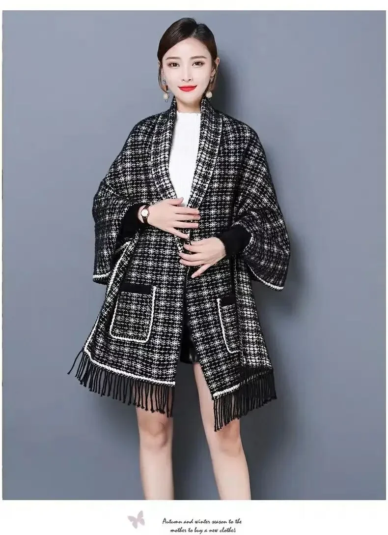 

11 Colors Women Knitted Plaid Cardigan Thick Poncho Coat Autumn Winter Faux Mink Velvet Capes Outside Tassel Cloak With Pocket