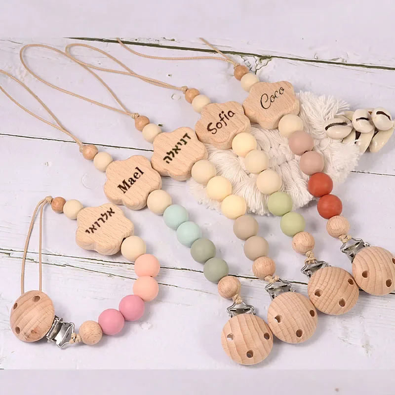 Custom Name Wooden Personalized Baby Pacifier Chain Silicone Bead Dummy Nipple Holder Guard Teether Pendant  Newborn Gift Stuff