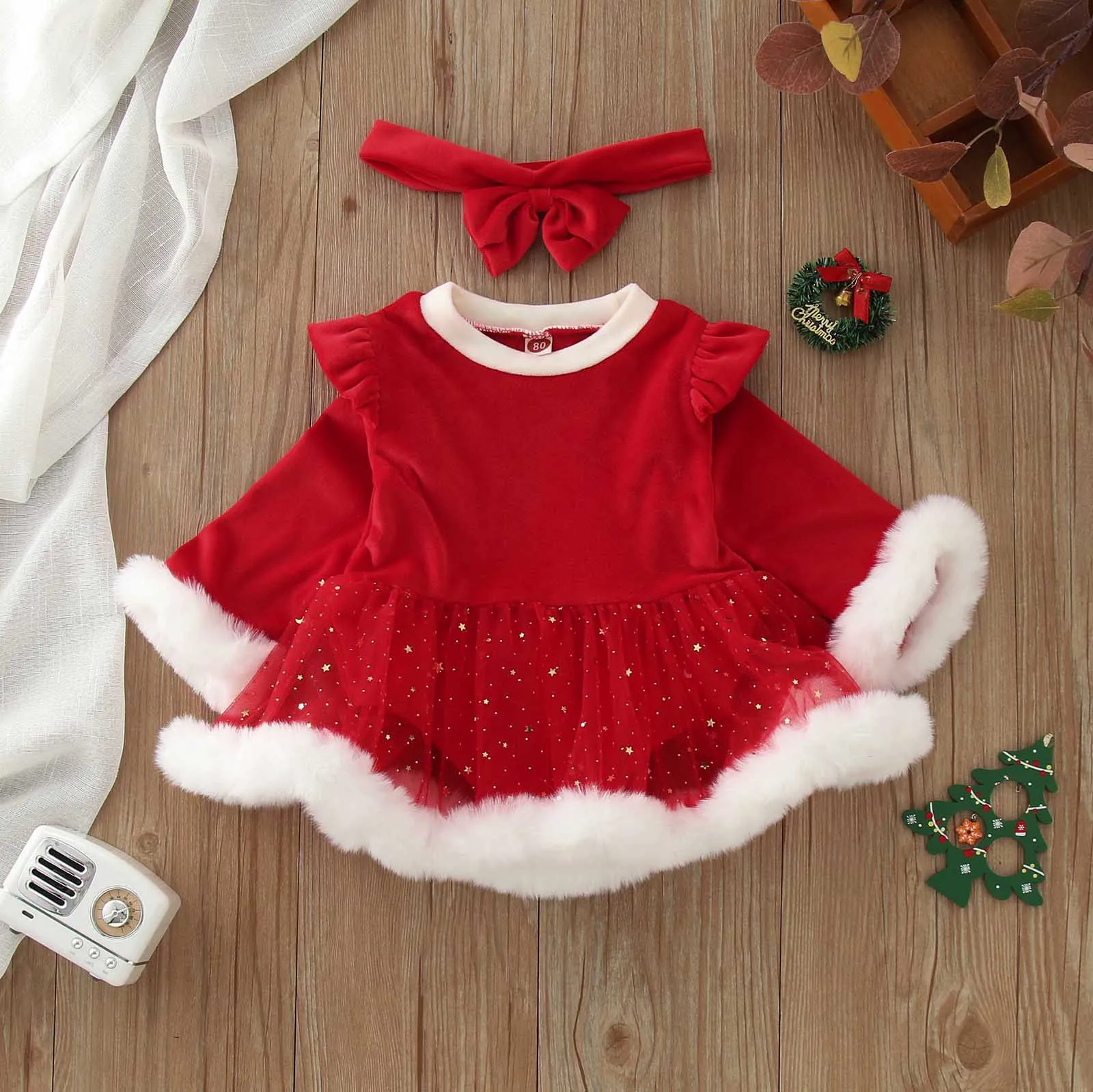 

0-24M Christmas Baby Red Romper Dress Newborn Toddler Infant Girl Velvet Ruffle Jumpsuit Xmas New Year Costumes+Hairband 2Pc Set