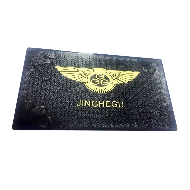 บัตรธุรกิจสแตนเลสสตีลหรูหรา พิมพ์ยูวีแบบกำหนดเอง ลายฉลุสีดำด้าน ขอบทองขัดเงา