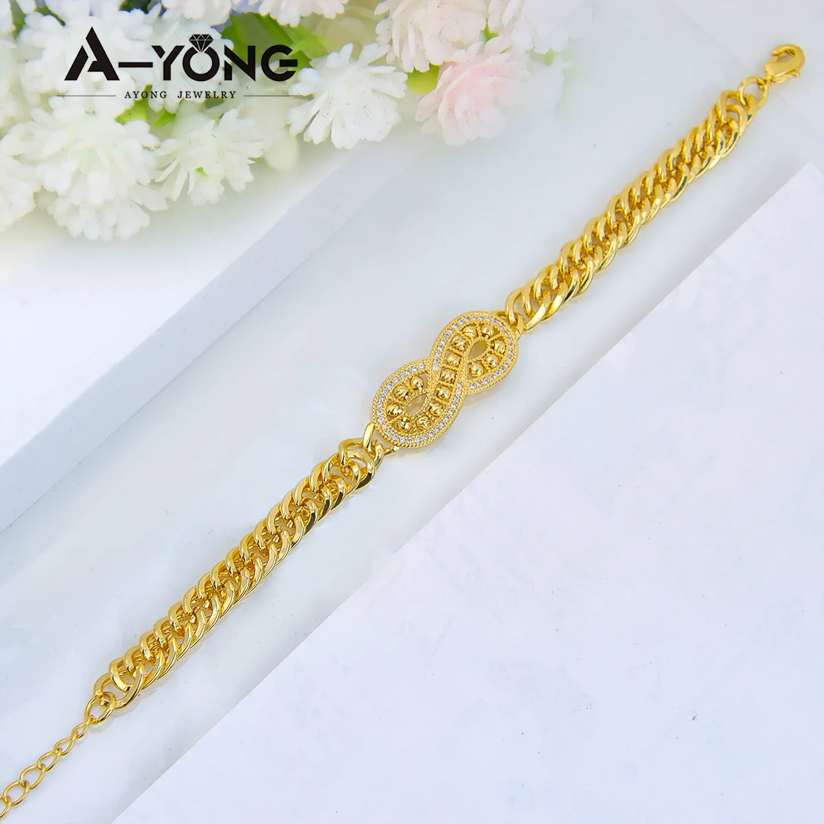 Luxury Gold Plated Beads Bracelet 21k Gold Color Turkish Cuban Infinity Bangles Dubai Saudi Women Wedding Party Jewelry