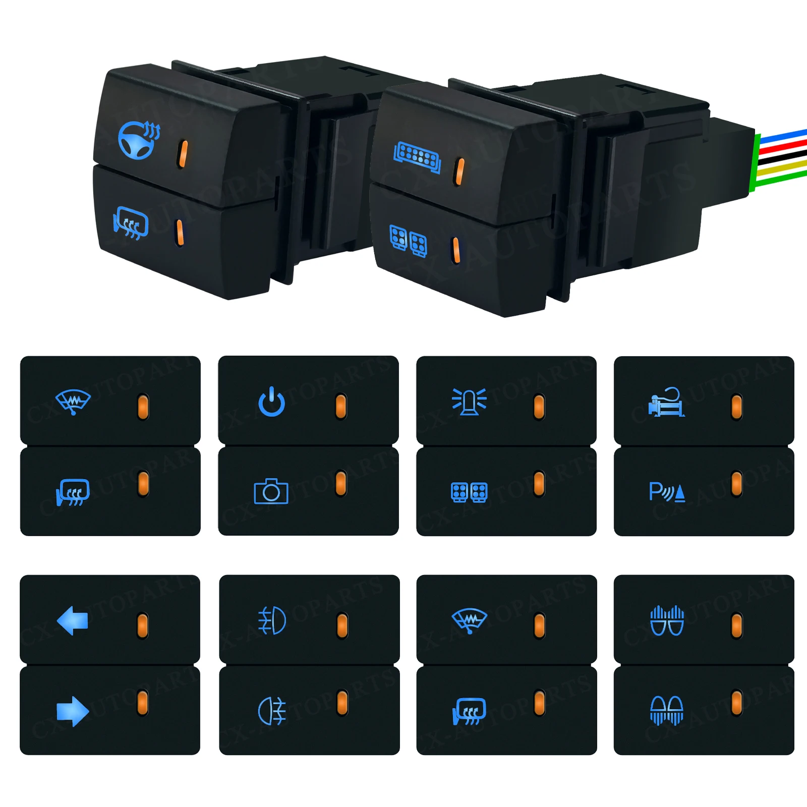 

12 В двойной кнопочный переключатель переднего и заднего противотуманного света, переключатель обогрева камеры 23x23 мм для Toyota Camry Corolla RAV4 Prado Hiace