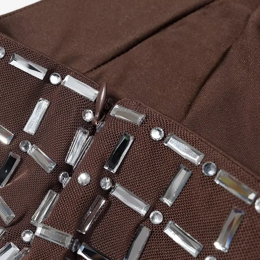 طقم تنورة مكون من قطعتين، أزياء نسائية مثيرة بدون أكمام، توب هاي ستريت كاجوال من حجر الراين، تنورة رصاص مستقيمة متوسطة الارتفاع