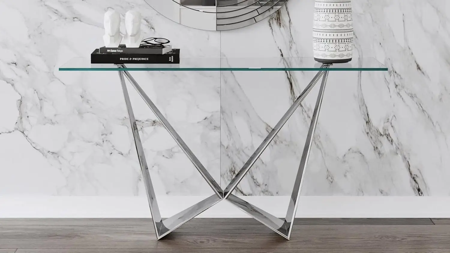 Modern Serra Console Table - Clear Glass with Polished Stainless Steel Base