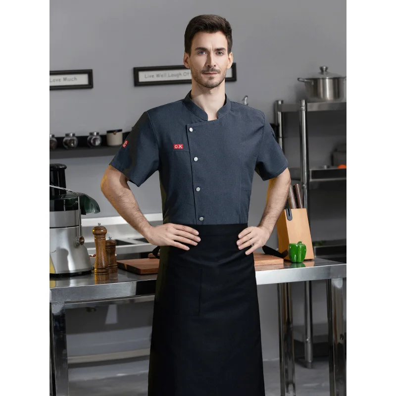 Chef Overalls Men's Short-Sleeved Summer Breathable Thin Barbecue Hotel Dining Restaurant Canteen S Kitchen Chef Clothing