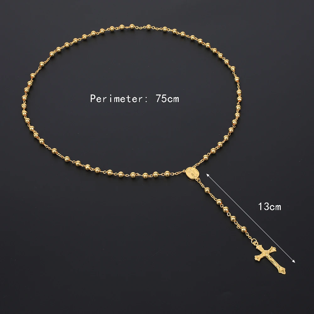 Goldfarbene Rosenkranzkette für Damen und Herren, lange Kette mit 6-mm-Perlen, Kreuzanhänger, religiöser Schmuck für Gebete, Partys, als Geschenk. – Detail 1