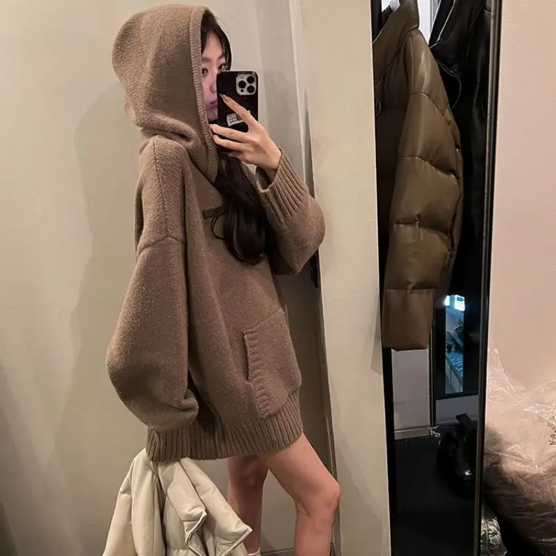 

2023 Autumn Winter Loose Hooded Clothing Woman Korean Fashion Knitted Sweater Casual Outwear Pure Color Elegant Pullover Chic