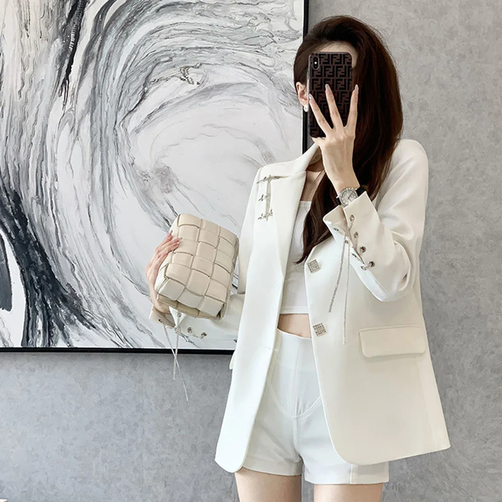 Spring Fashion Blazer Woman Diamonds Button Vintage Autumn Women\'s Suit Jacket Korean Pin Casual Coat Ladies Chic Suit Outerwear