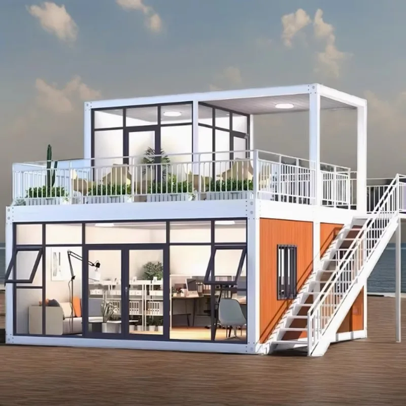 Two-Story Steel Frame Container House Glass Wall Balcony Custome Folding Tiny House Luxury Prefab Container House2 3 4Bedrooms