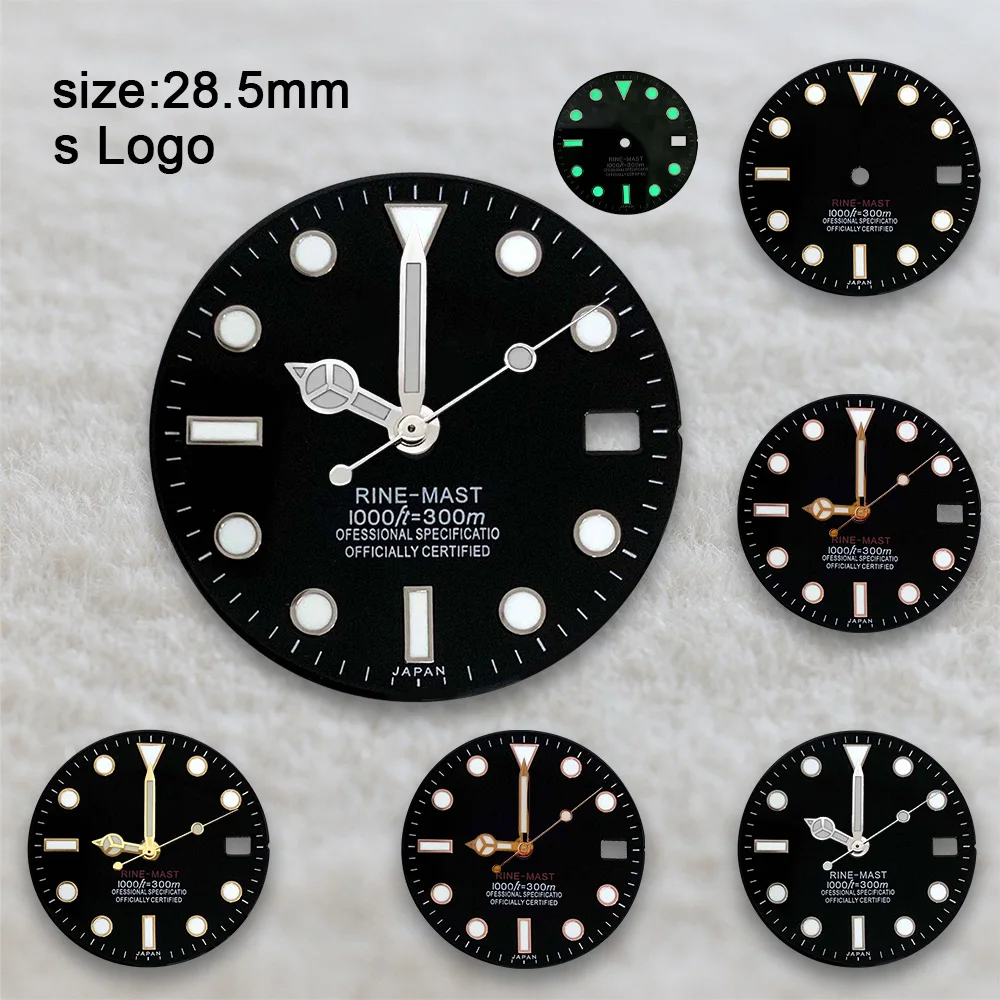 28.5mm S Logo Black Enamel Dial Fit NH35/NH36/4R/7S Japanese Movement High-Quality Green Luminous Watch Modification Accessories