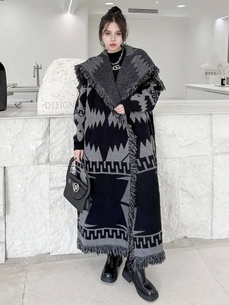 

Knitting Black Big Size Long Thtick Cardigan Sweater Loose Lapel Long Sleeve Women New Fashion Spring Autumn 2026 16XG8