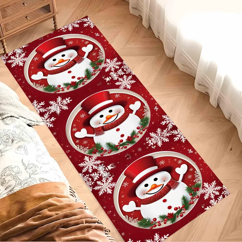 VIKAMA Cartoon Snowman Long Mat Red Base Berry Pine Print Soft Anti‑Slip Carpet For Corridor Living Room Home Decor