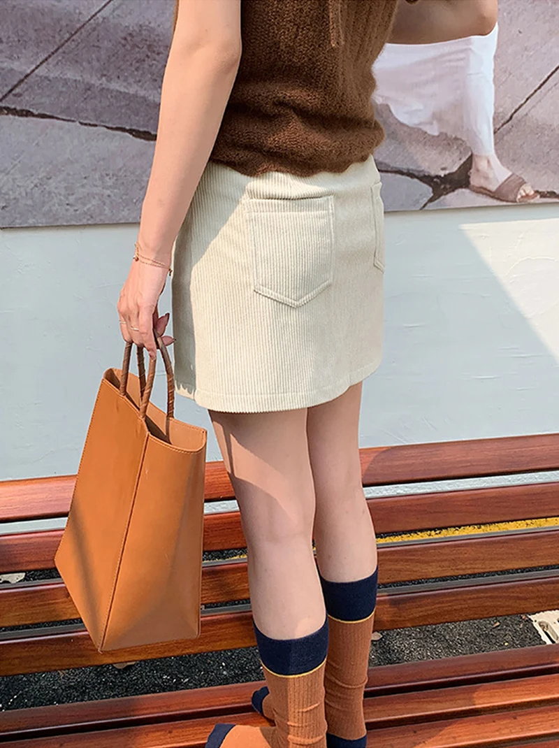 Grundlegende Hohe Taille Cord Mini Rock Frauen Herbst Neue Vintage College A-linie Röcke Tasche Koreanische Abnehmen Alle-Spiel Kurzen rock – Detail 8