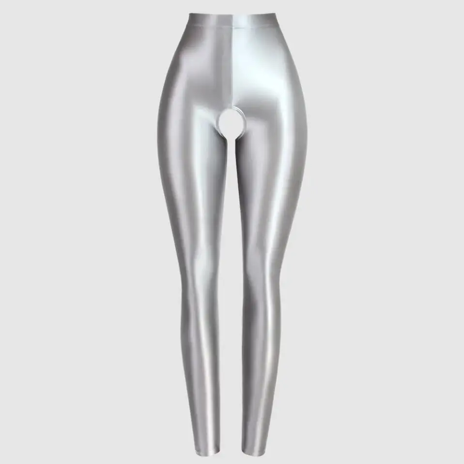 MJINM Damskie Kryjące Legginsy z Efektem Mokrego Satyny, Błyszczące, Długość do Kostek, do Jogi, Fitnessu, Jeggingsy, Olejowe, z Otwartym Krokiem, do Biegania, Spandex