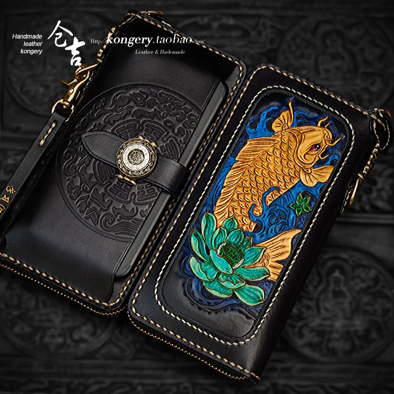 

2026 New 2026 Handmade men's wallet long zipper bag genuine leather carved wallet card holder purse mobile phone clutch bag re