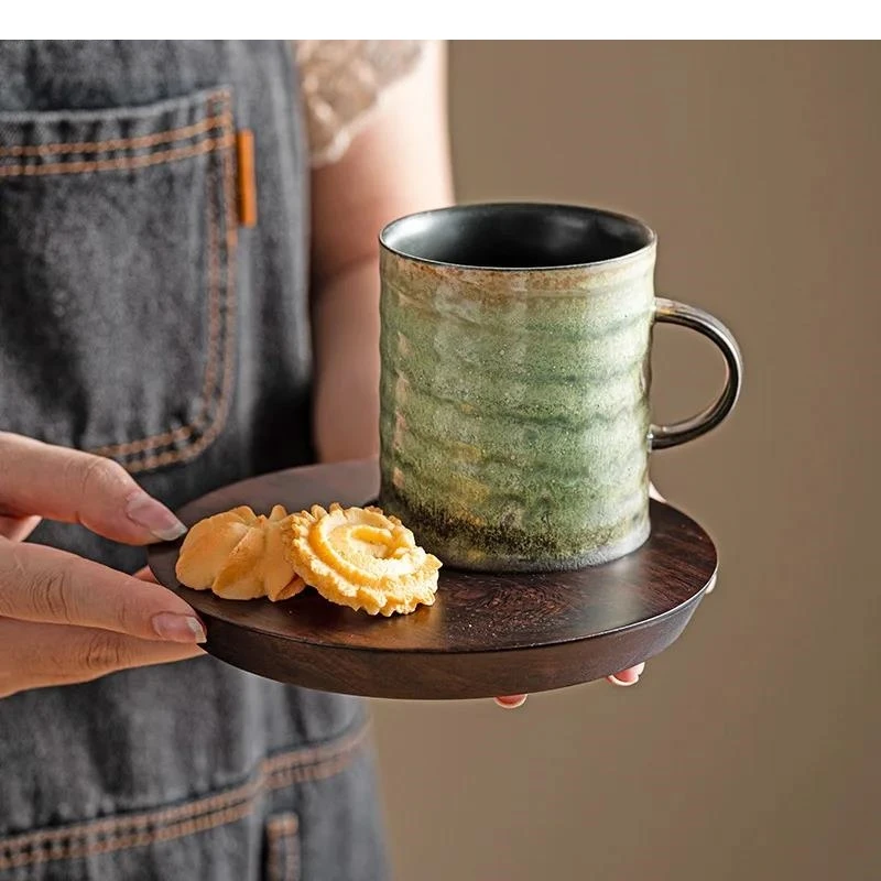 Retro Kiln Changes Ceramic Mug Walnut Wood Plates Afternoon Tea Milk Cup Brewing Beverage Household Cups Water