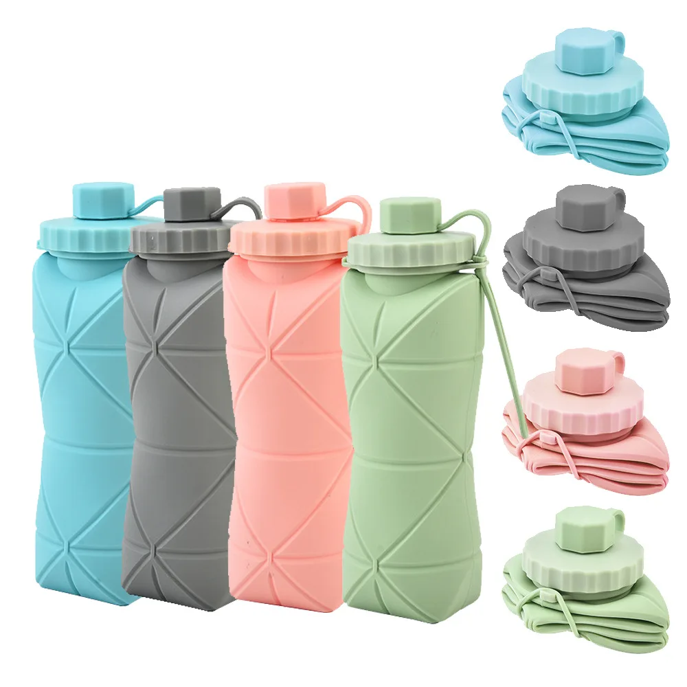 Botella plegable de silicona de 600ml, vasos de plástico reutilizables portátiles para adultos, botella de agua para gimnasio y viajes al aire libre, botella para beber motivacional