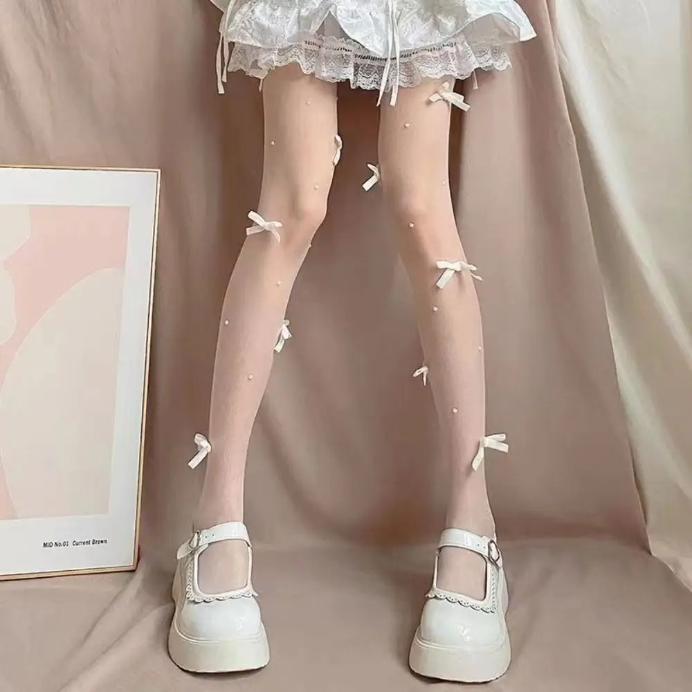 Sweet Butterfly Knot Pearl Stockings Velvet Bow Pearl Embroidery Nylon Stockings Leg Shaping Breathable Fabric Lolita Stockings