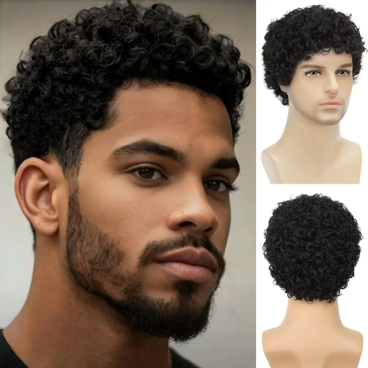 男性用ウィッグ、ヘッドギア、小さなカール、ふわふわしたショートヘア、リアルな黒色のショートカーリーヘア。