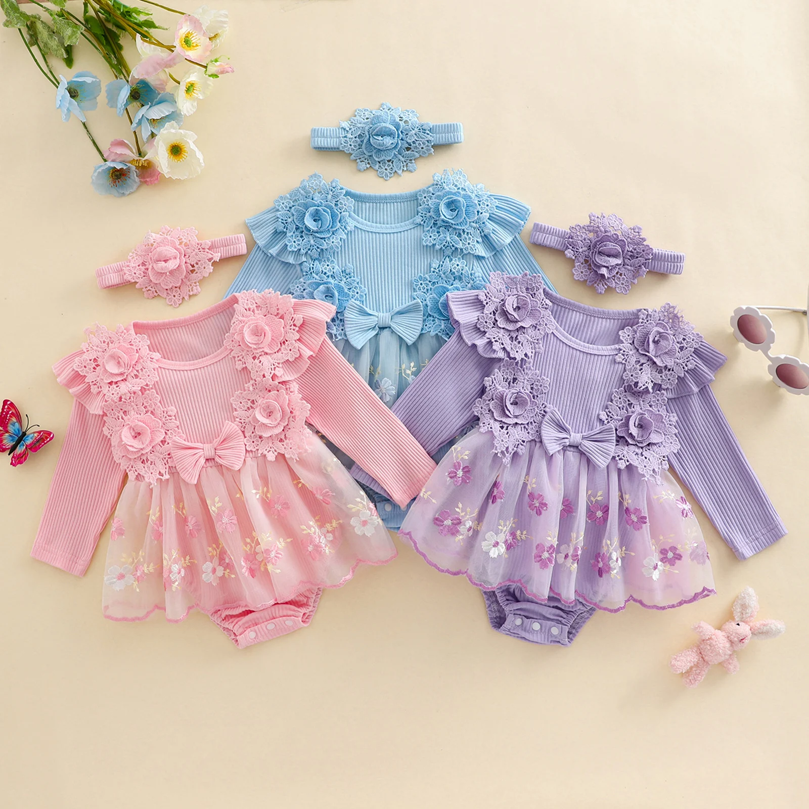 

Tregren Baby Girls Jumpsuit Long Sleeve Rompers Dress Fall Clothes Lace Flower Embroidery Mesh Skirt Hem Jumpsuits with Headband