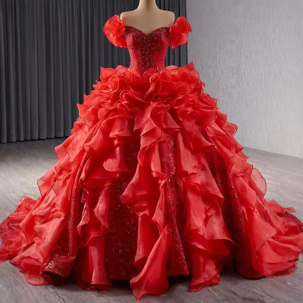 Red Sweetheart Quinceanera Dress Off The Shoulder Lace Up Back With Ruffles Pearls Customizable Girls Party Gown