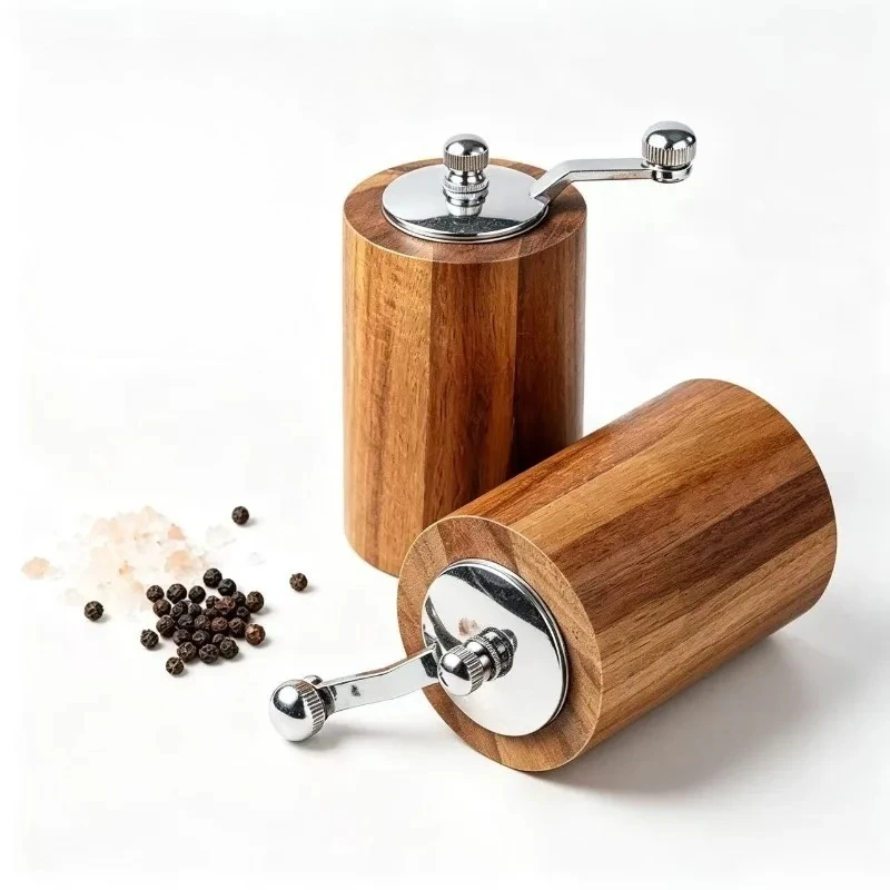 Manual Pepper Grinder,Wood Pepper Mill ,Refillable Spice Grinder for Black Peppercorns, White Pepper, Sesame and Salt