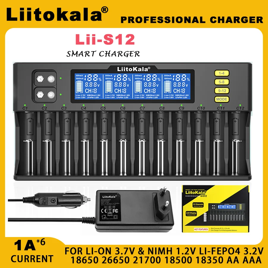 LiitoKala Lii-S12 Lii-PD4 12-Slot 18650   Battery Charger For 20700 26650 21700 14500 10440 16340 1.2V 3.7V 4.2V Lion Battery