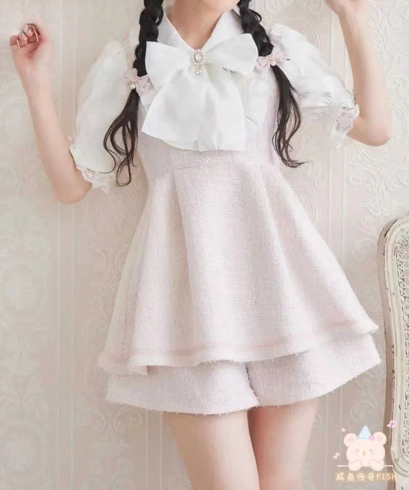 

Mine Mass-Produced Bow Short Sleeve Top and Base Shorts Two Piece Sets Womens Outifits Rojita Suit New Summer Lace Dress