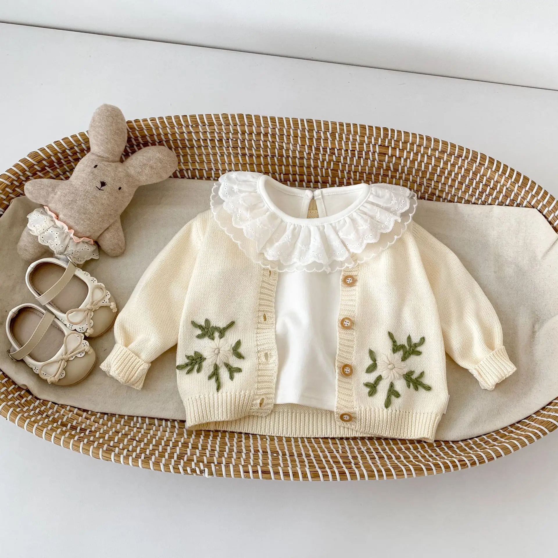0-4T Baby Girls Bow Decor Knit Sweater Cardigan Hollow Clothes Long Sleeve Knitwear Toddler Kids Cute Outerwear Coat