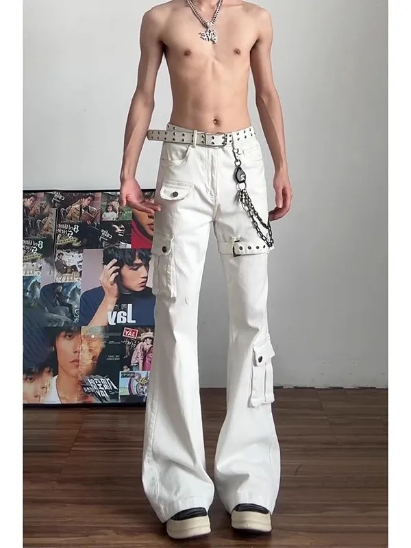 

White Belted Flared Jeans Men's Winter Cleanfit Pants American High Street Vibe Knife Workwear Trousers Straight Leg Loo...