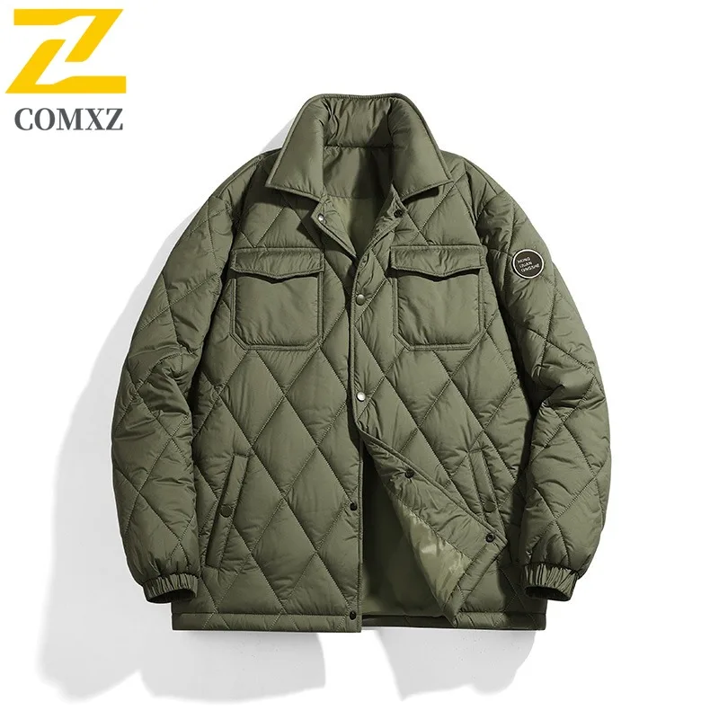 

COMXZ Мужская стеганая куртка, повседневная ветрозащитная теплая парка с лацканами для работы на открытом воздухе, удобная легкая зимняя хлопковая куртка в повседневном стиле