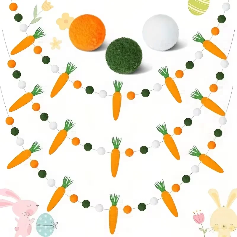

Easter Carrot Pom Pom Garland Banner Happy Easter Party Home Wall Hanging Bunting Flag Kids Birthday Party Decoration Supplies