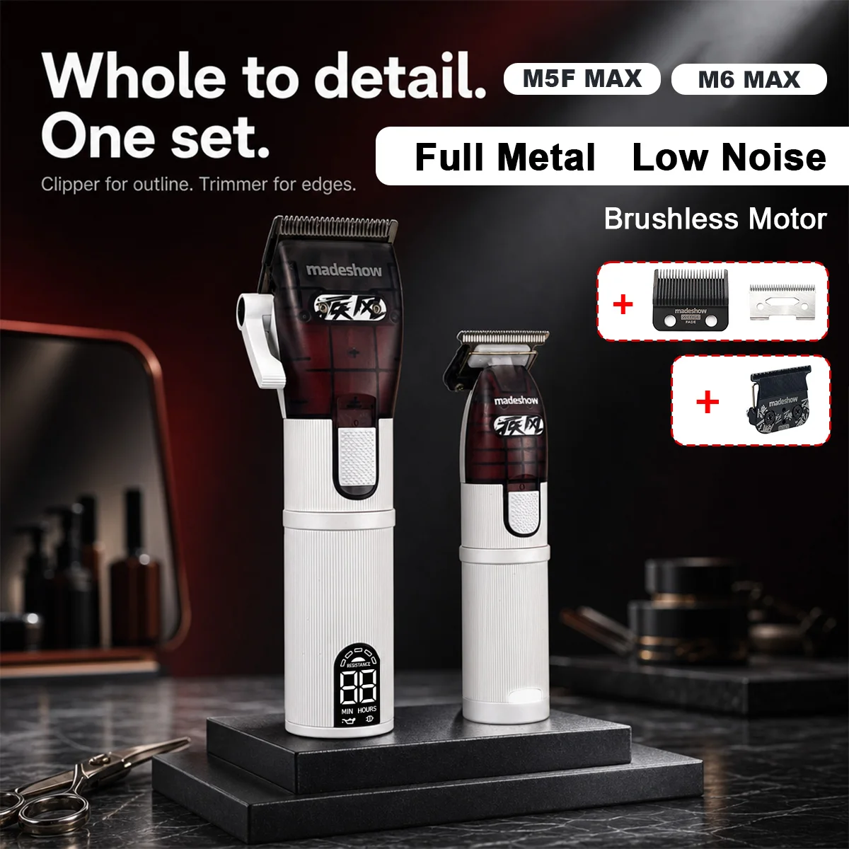 Madeshow M5F M6 MAX Hair Clippers Men Professional Kit Low Noise Brushless Motor Full Metal Haircut Machine Hair Trimmer Machine