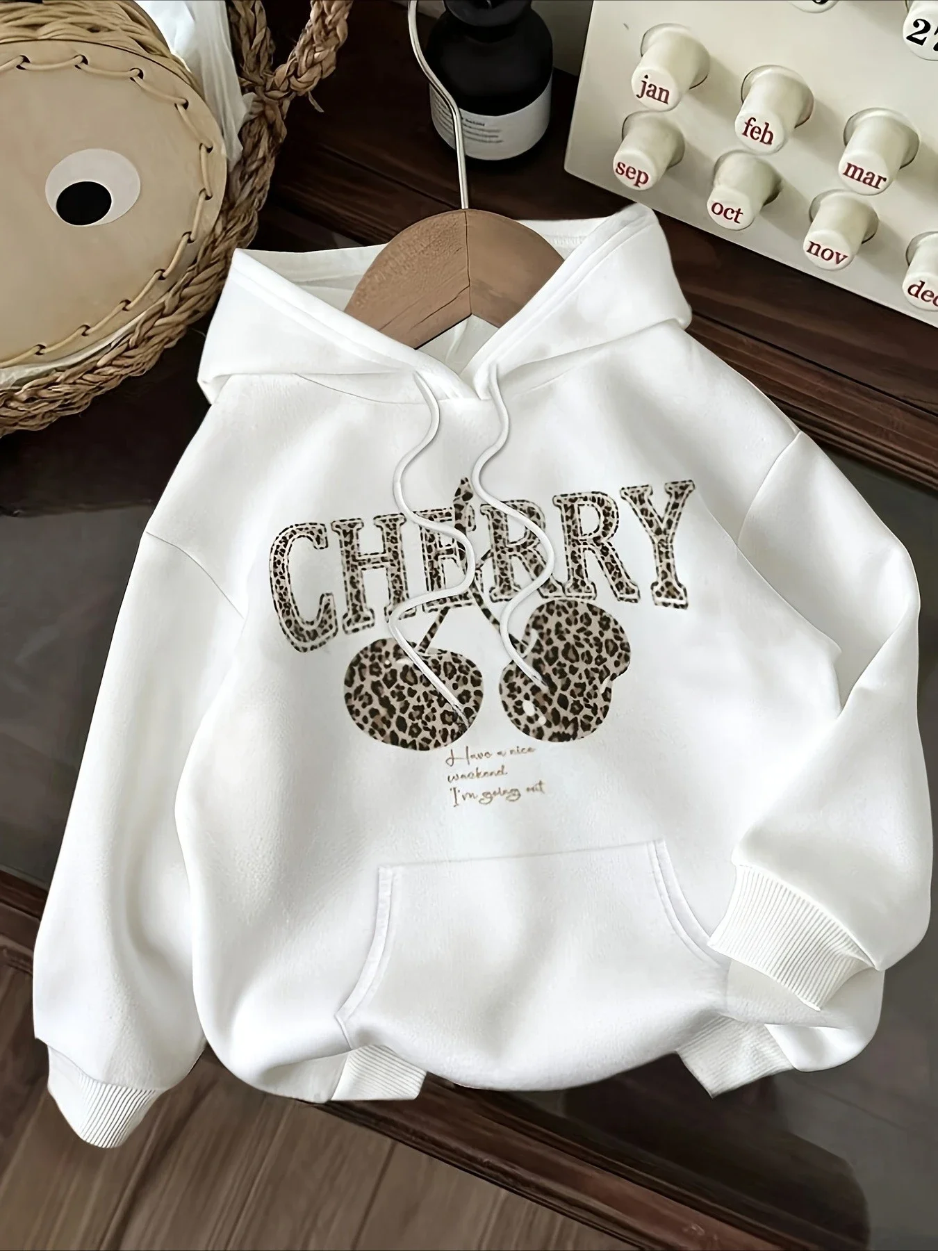 2026 autumn and winter women's leopard print cherry letter printed sportswear casual top long sleeved hooded sweatshirt