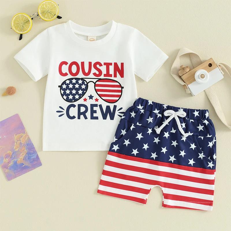 4th of July Toddler Boy Outfit Cousin Crew Shirt Stars and Stripes Shorts Infant Baby Fourth of July Clothes