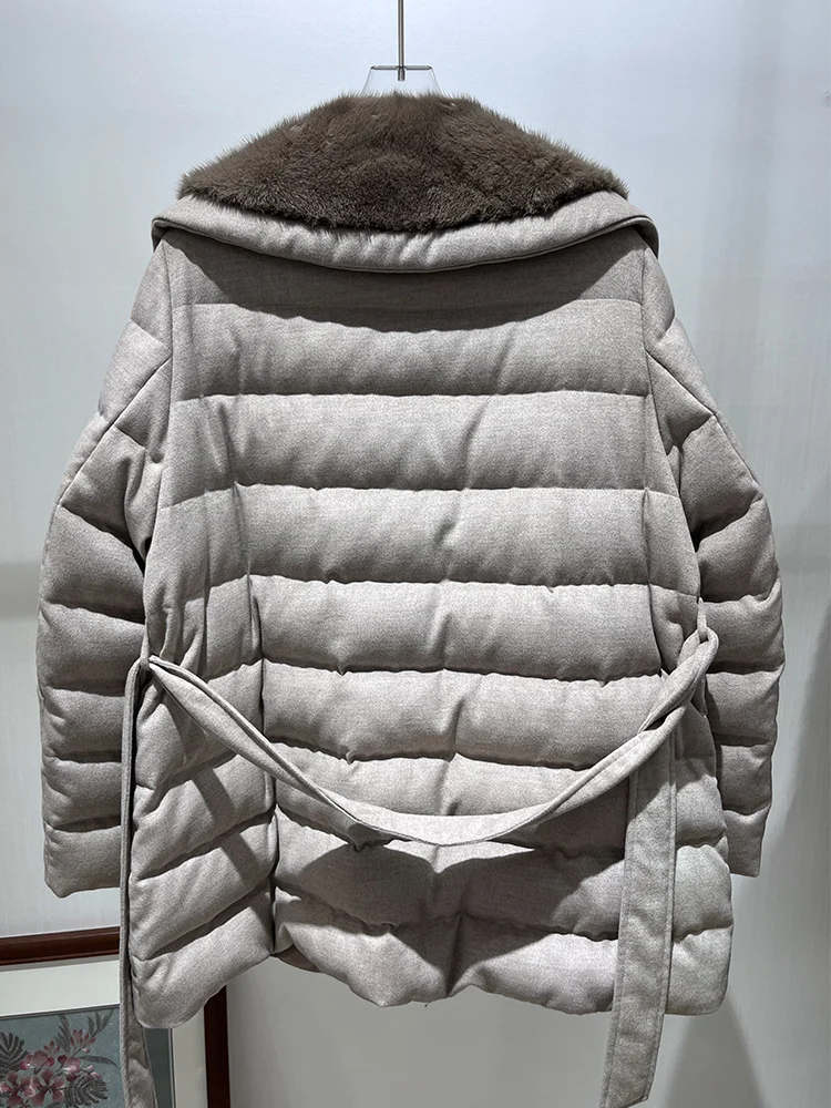 2025 Women Winter Warm Goose Down Jacket Real Mink Fur Collar Cashmere Wool Jackets Thick Cusual Female Puffer Jackets