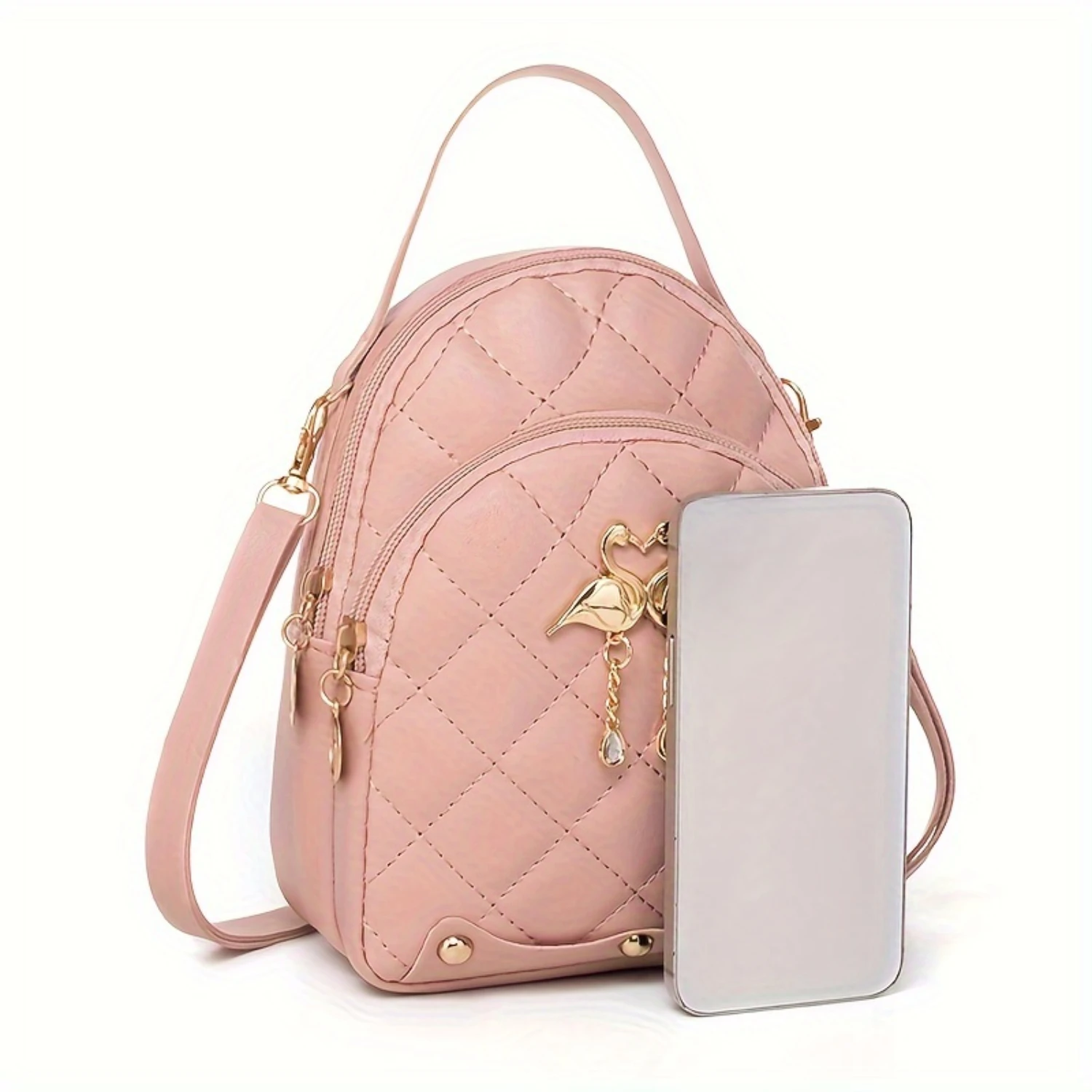 Small Argyle Quilted Backpack, Swan Pendant Decor Top Handle Purse, Women's PU Leather Daypack With Multi Zipper