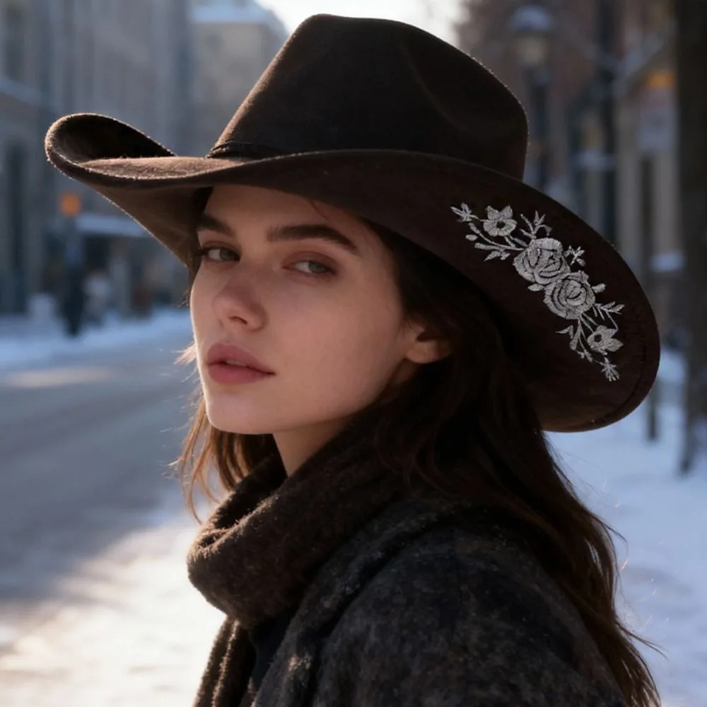 

Large Brimmed Embroidered Felt Top Hat Formal Occasion Performance Cap Fedora Hat Casual Jazz Hats Western Cowboy Hat