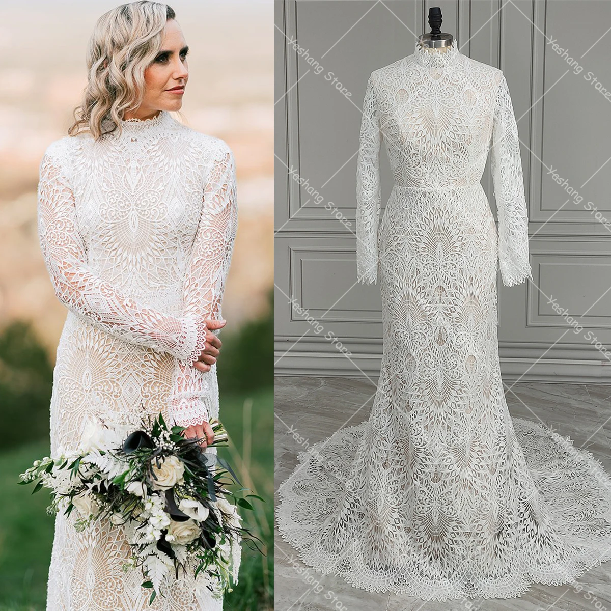 True Photos Boho Long Sleeves High Illusion Neck Wedding Dress Customized Fitted Mermaid Closed Back Modest Lace Bridal Gowns
