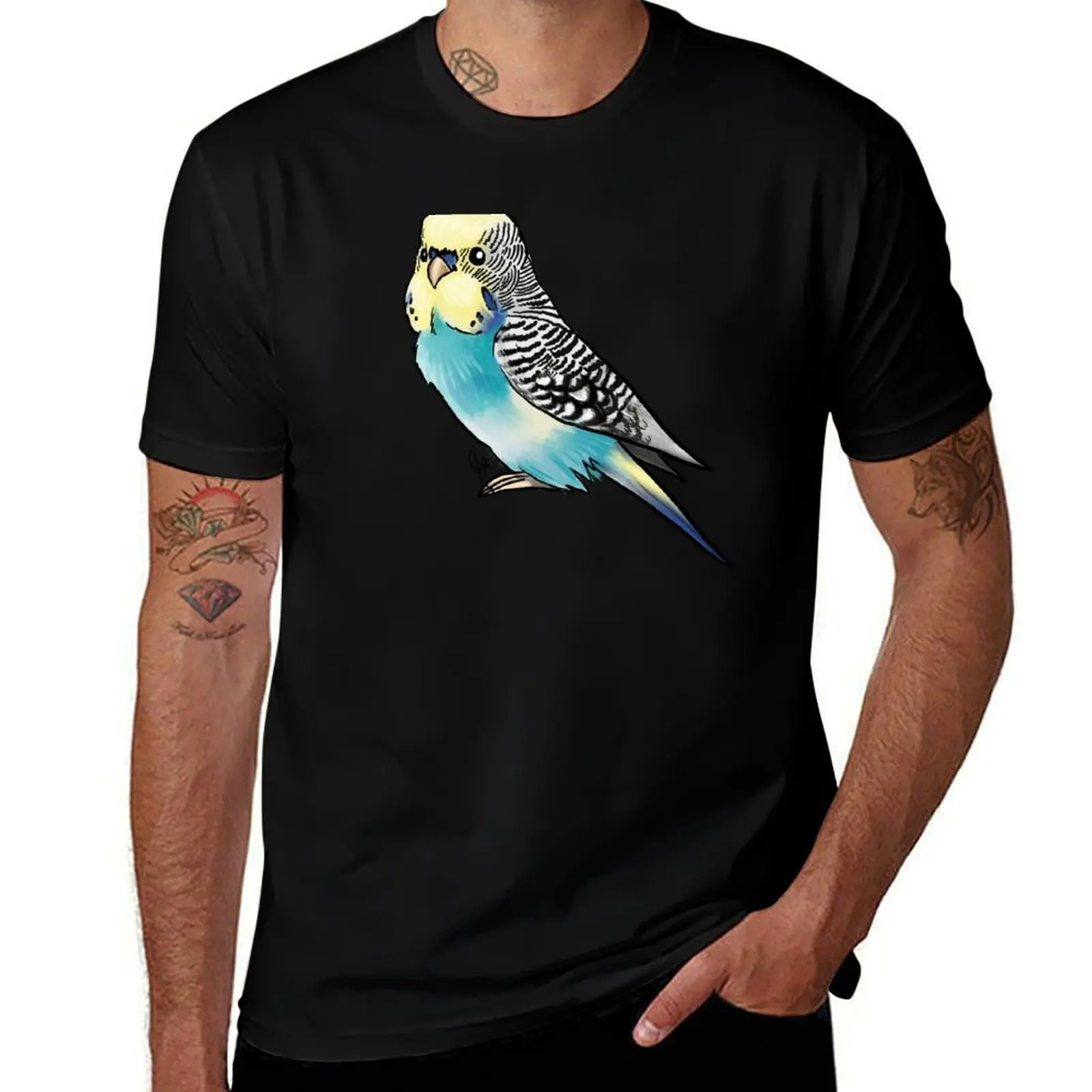 Yellow-faced Blue Budgie Parakeet T-Shirt Vintage Print Crew Neck Tee T-Shirt