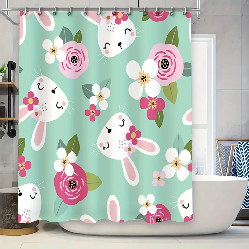 

Rabbit Flower Shower Curtain Bath Decor Waterproof Fabric Pastel Colors Cute Home Accessories