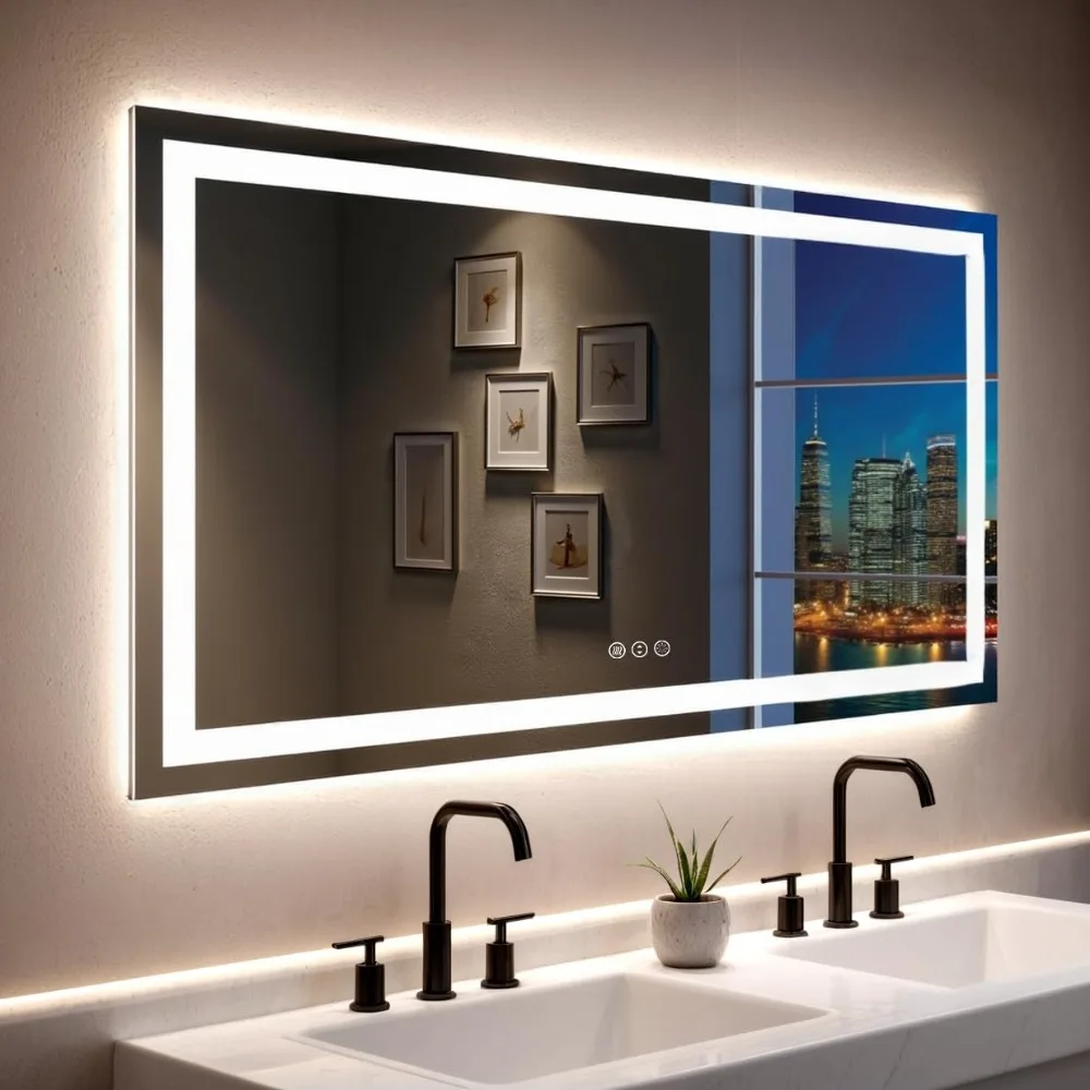 

55"x 30" LED Bathroom Mirror with Lights, Double Lighting Sources Dimmable, Anti-Fog Vanity Mirror with Lights, Lighted Bathroom