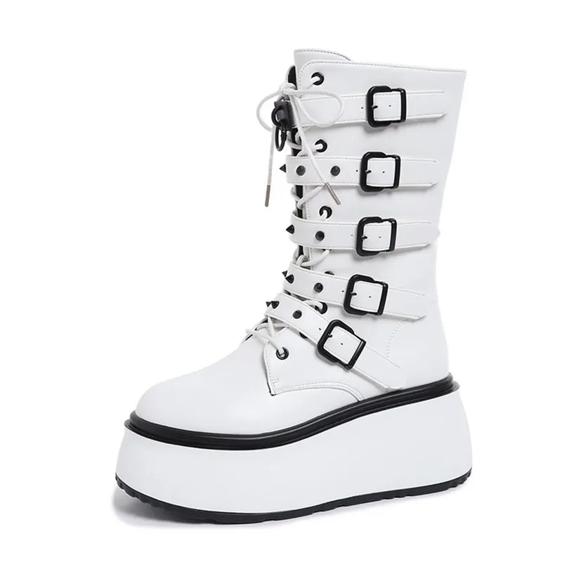 Women's Platform Wedge Ankle Boots Goth Punk Combat Motorcycle Boots Lace Up Side Zip Multi Buckles Studded Black Cosplay Shoes