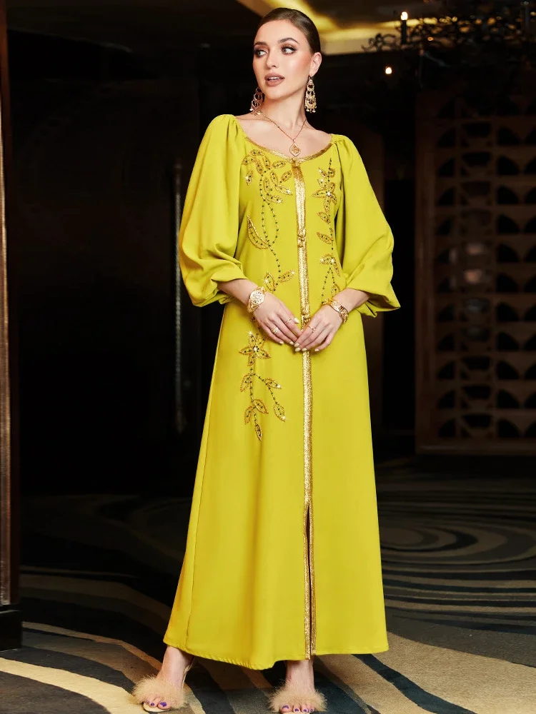 Eid Muslim Lantern Sleeve Abaya Dress Caftan Embroidery Bandage Dresses Diamond Elegant Vestidos Abaya Party Kaftan Ramadan