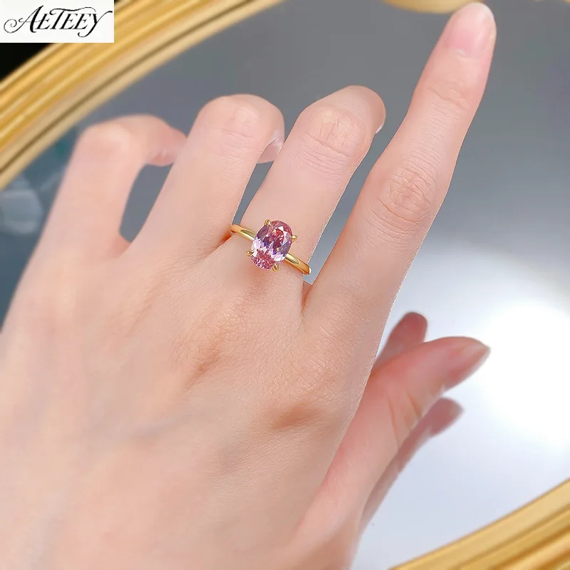 AETEEY S925 Silver Gold Plated 7*10MM Oval Morganite Pink High Carbon Diamond Pigeon Egg Ring Women Luxury Finger Jewelry