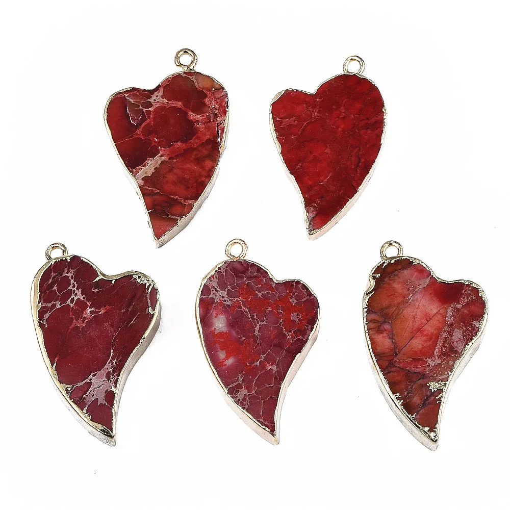 1 ud. Colgantes de Regalita/Jaspe Imperial/Jaspe de Sedimento Marino, Colgantes de Corazón Teñidos con Fornituras de Hierro, Colgante Dorado