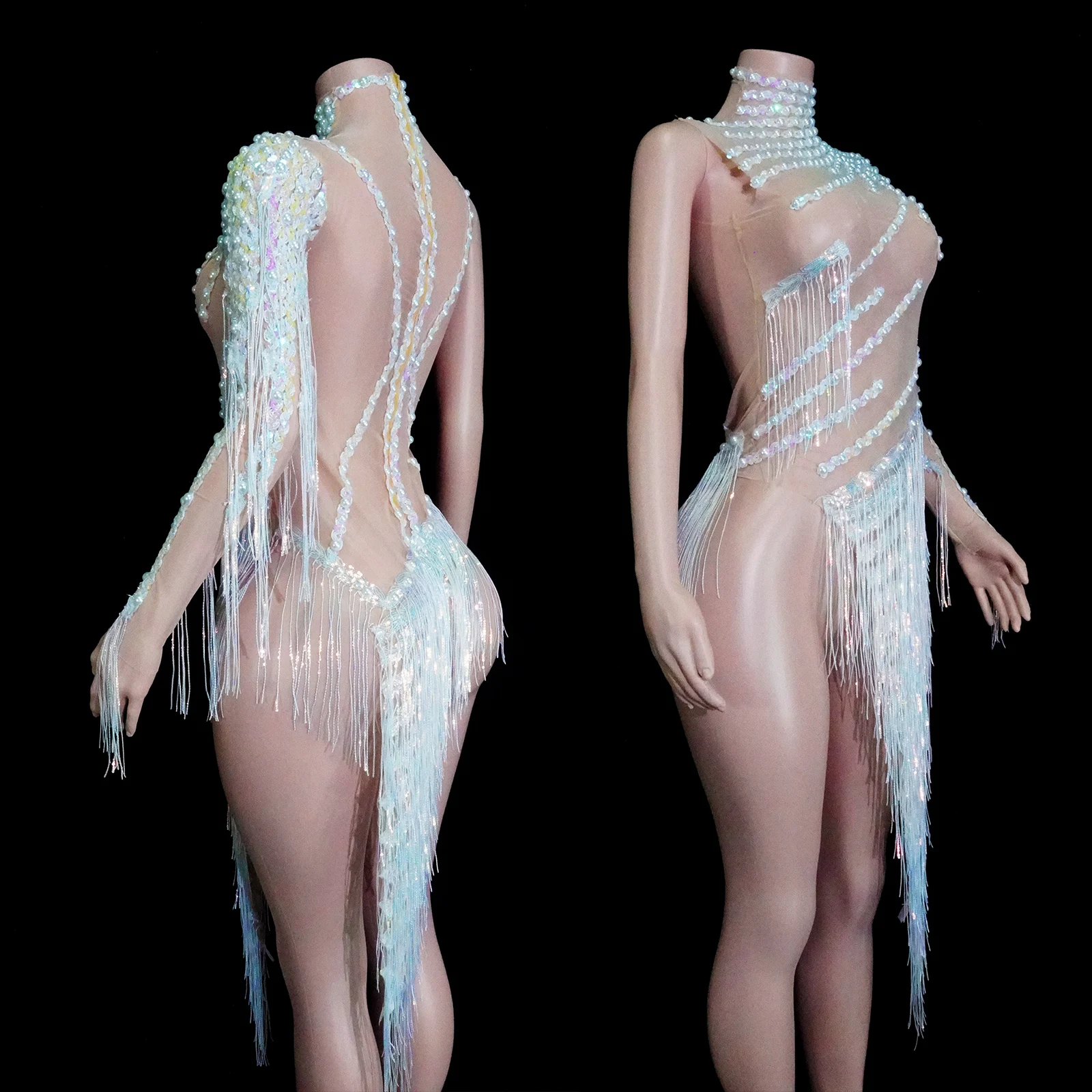 섹시한 태슬 크리스탈 블랙 드레스, 태슬 메쉬 폴댄스 공연 파티 나이트클럽 생일 DJ팀 여성 의상