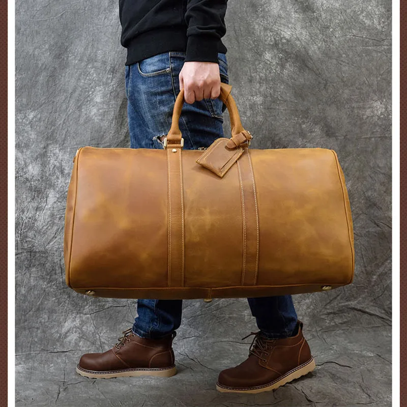 Luufan-Sac de voyage en cuir de vache véritable pour homme, bagage à main vintage, sac de voyage de week-end masculin, grands sacs initiés