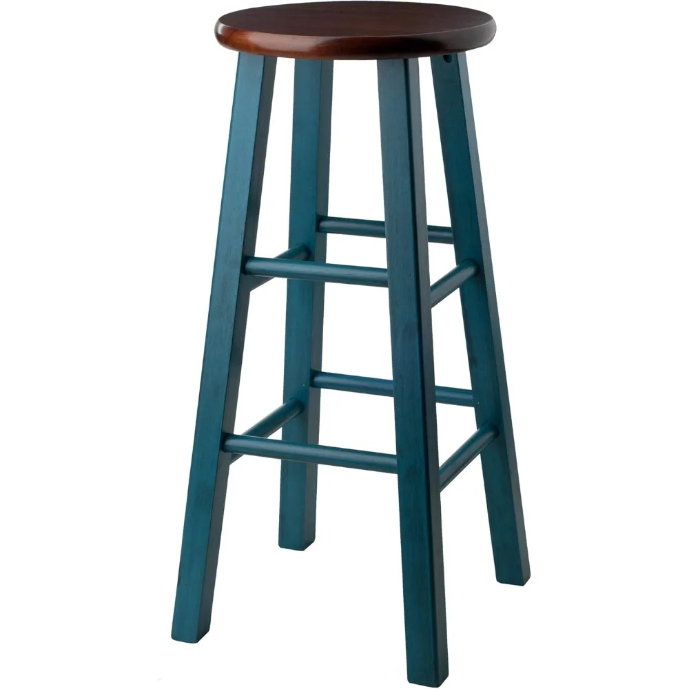 Stołek z rustykalnego drewna w kolorze turkusowym z wykończeniem antycznym - solidne kwadratowe nogi, gładkie okrągłe siedzisko do dekoracji wnętrz